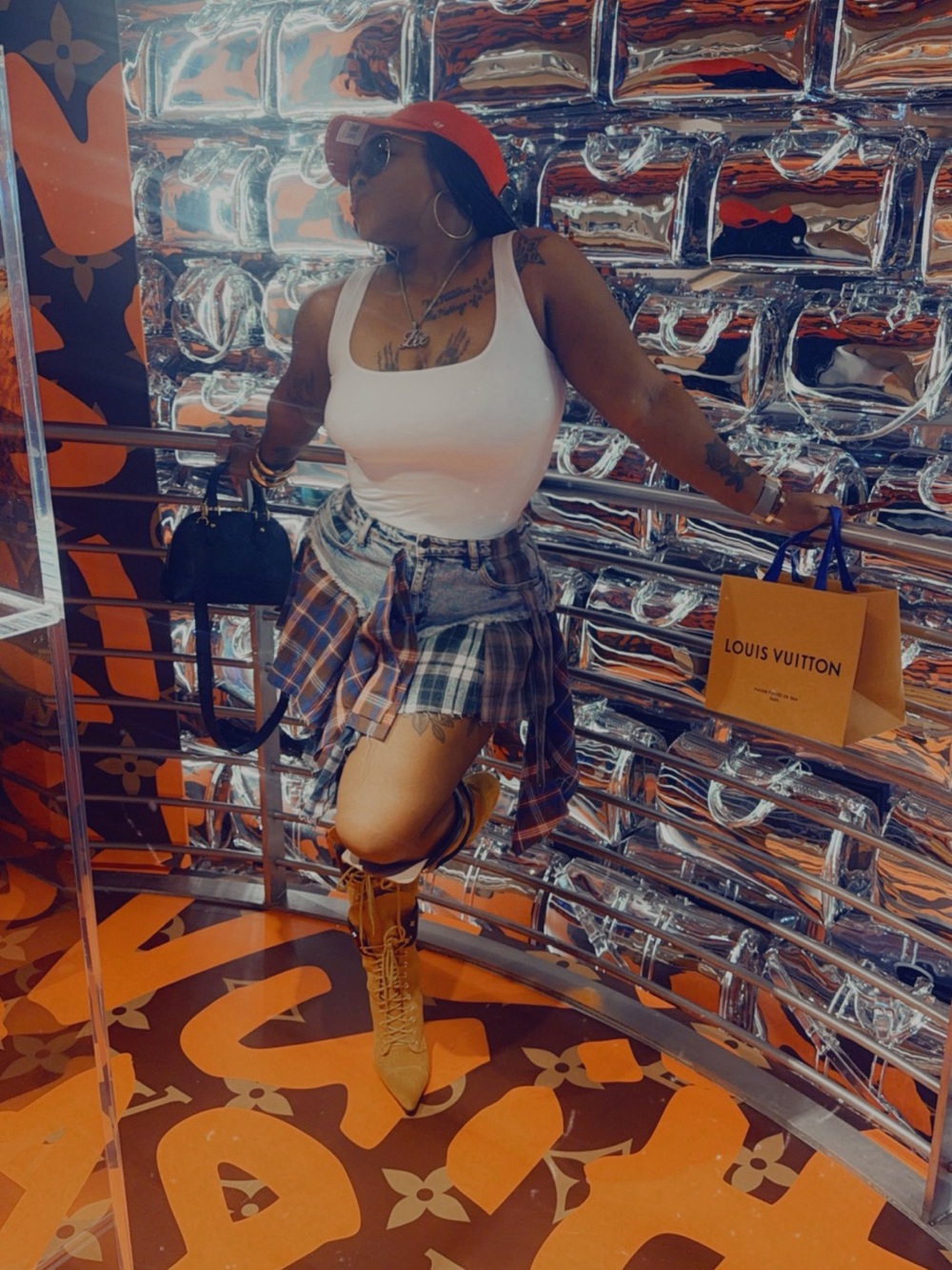 Plaid Mini Skirt with Denim Overlay -